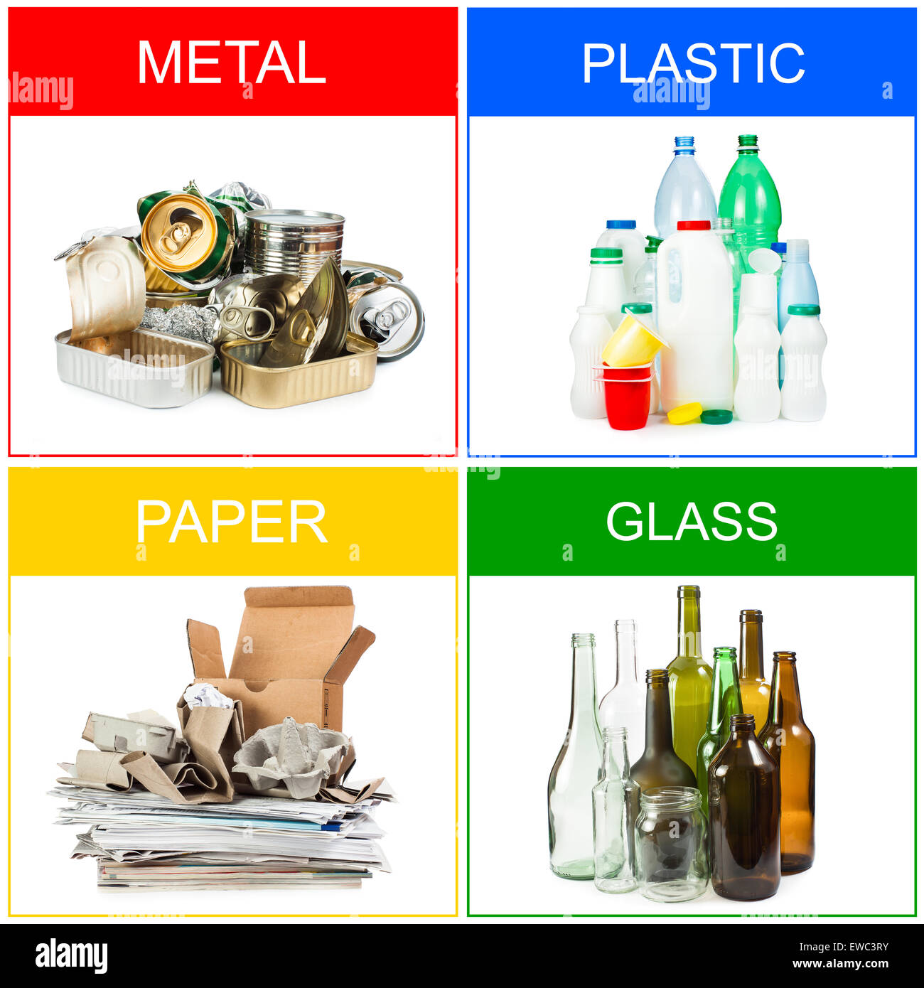 Una selezione dei rifiuti per il riciclaggio. Segregati in plastica, metallo, carta e vetro Foto Stock