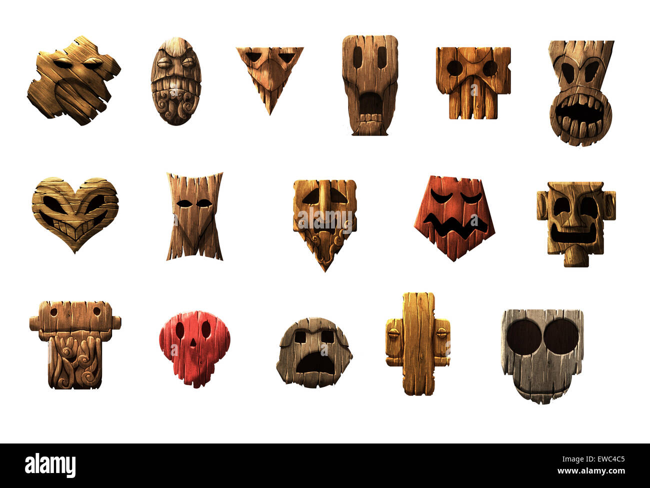 Un set di legno maschere tribali Foto Stock