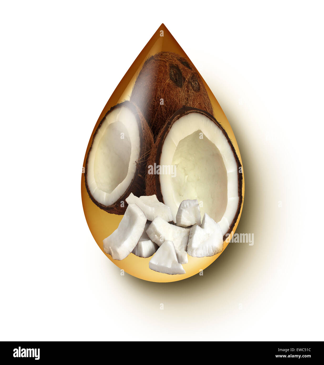 Olio di noce di cocco Liquido concetto di caduta su uno sfondo bianco come un simbolo di benessere e icona della salute alimentare e mangiare sano di ingredienti naturali che sono medicinali e nutrizionale di qualità medica. Foto Stock