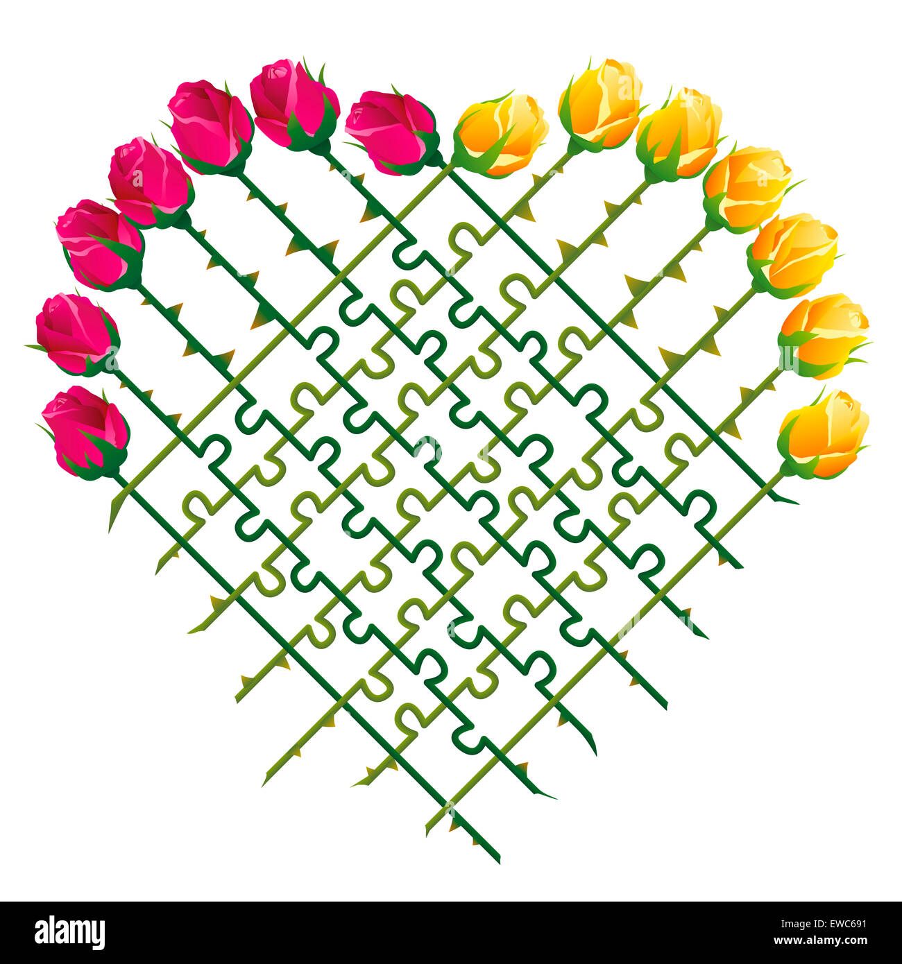 Le rose che forma un cuore e un puzzle con i loro gambi spinosi, come un simbolo per questioni d'amore. Foto Stock