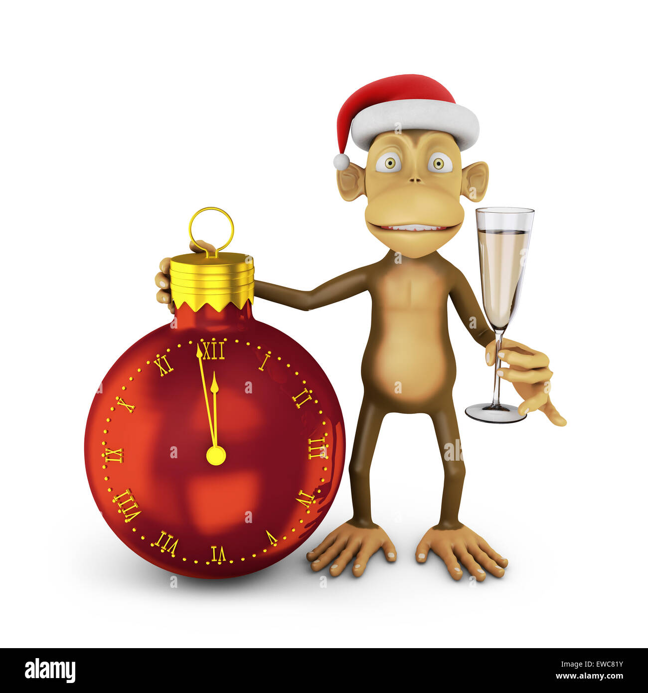 Funny monkey con un cappello da Babbo Natale e un bicchiere di vino e guardare la forma di una sfera che indica l'approssimarsi del nuovo anno. Foto Stock