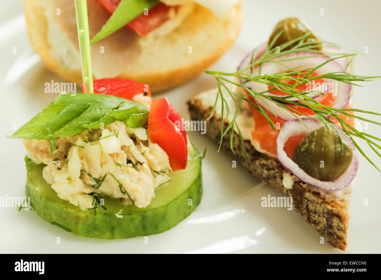 Mini tartine - colorata spuntini freschi sulla piastra bianca. Foto Stock