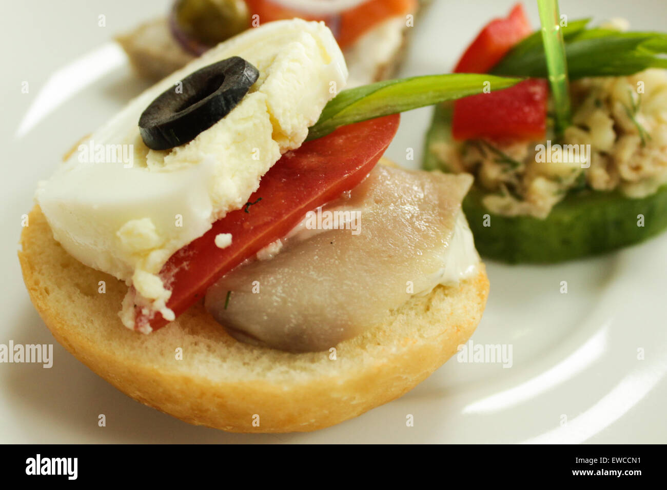 Mini tartine - colorata spuntini freschi sulla piastra bianca. Foto Stock