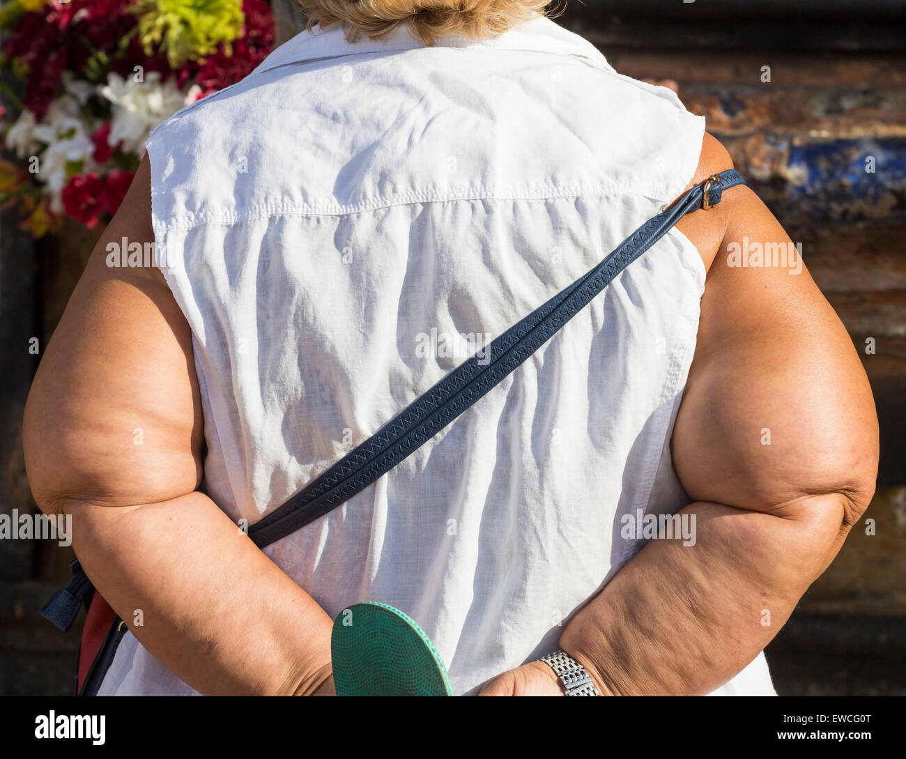 Vista posteriore della donna obesa Foto Stock