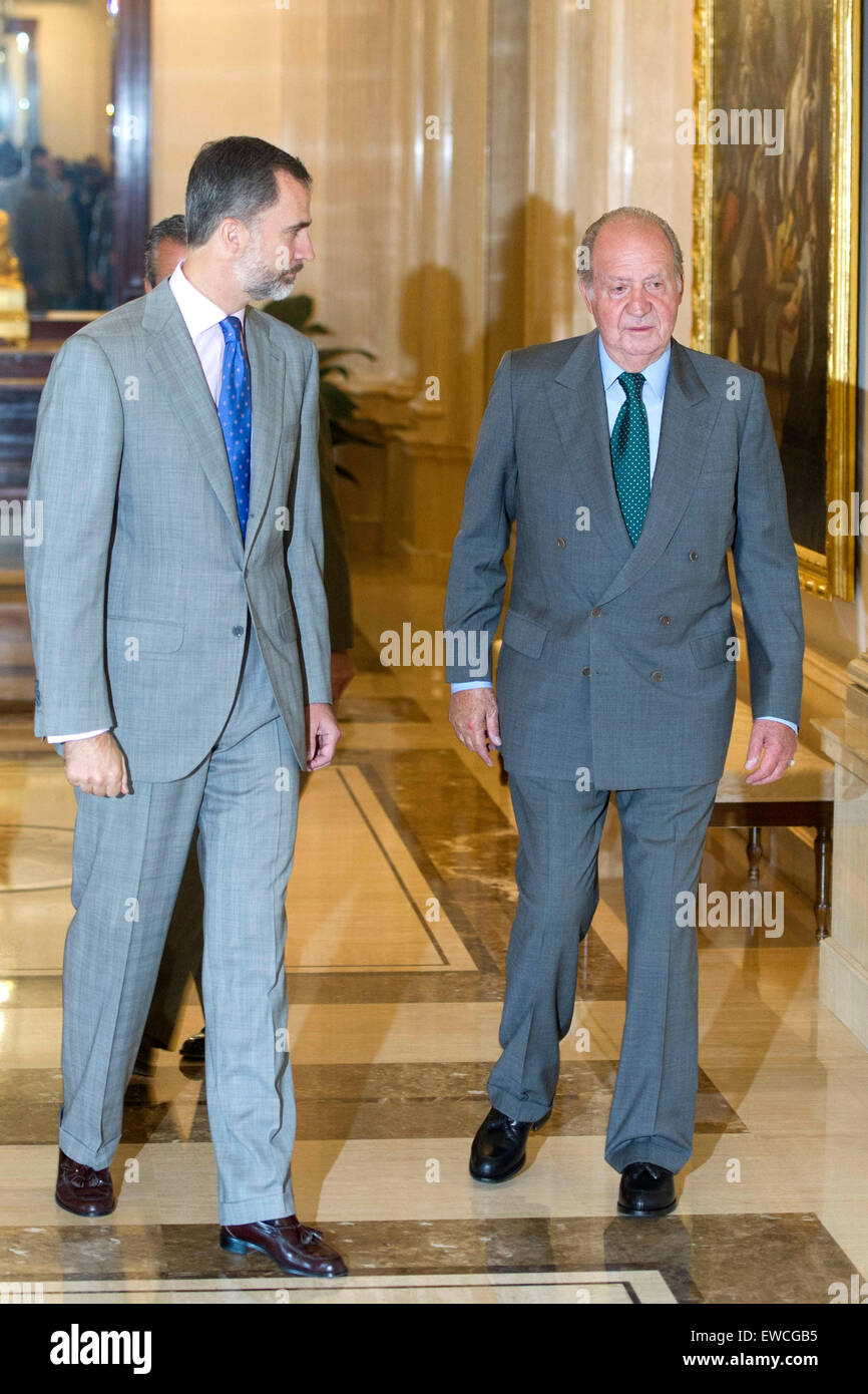 Re spagnolo Felipe VI e suo padre Re Juan Carlos frequentare il patronato della fondazione Cotec in Spagna a Madrid, il 22 giugno 2015./picture alliance Foto Stock