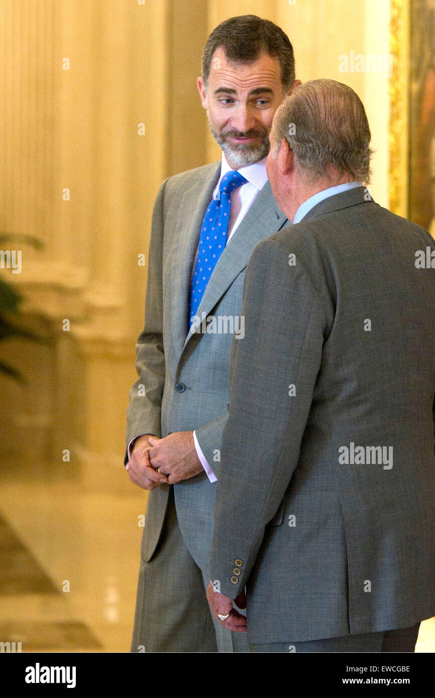 Re spagnolo Felipe VI e suo padre Re Juan Carlos frequentare il patronato della fondazione Cotec in Spagna a Madrid, il 22 giugno 2015./picture alliance Foto Stock