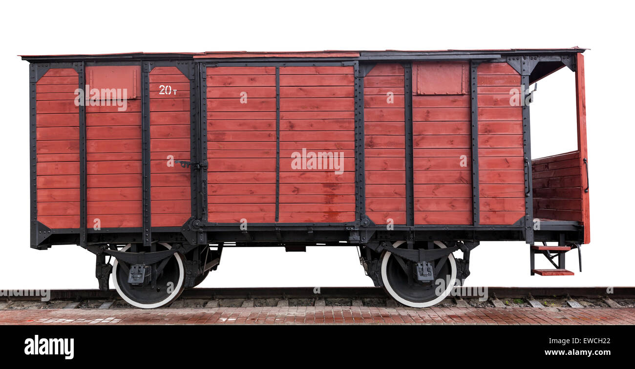 Carro di legno su uno sfondo bianco, vista laterale Foto Stock