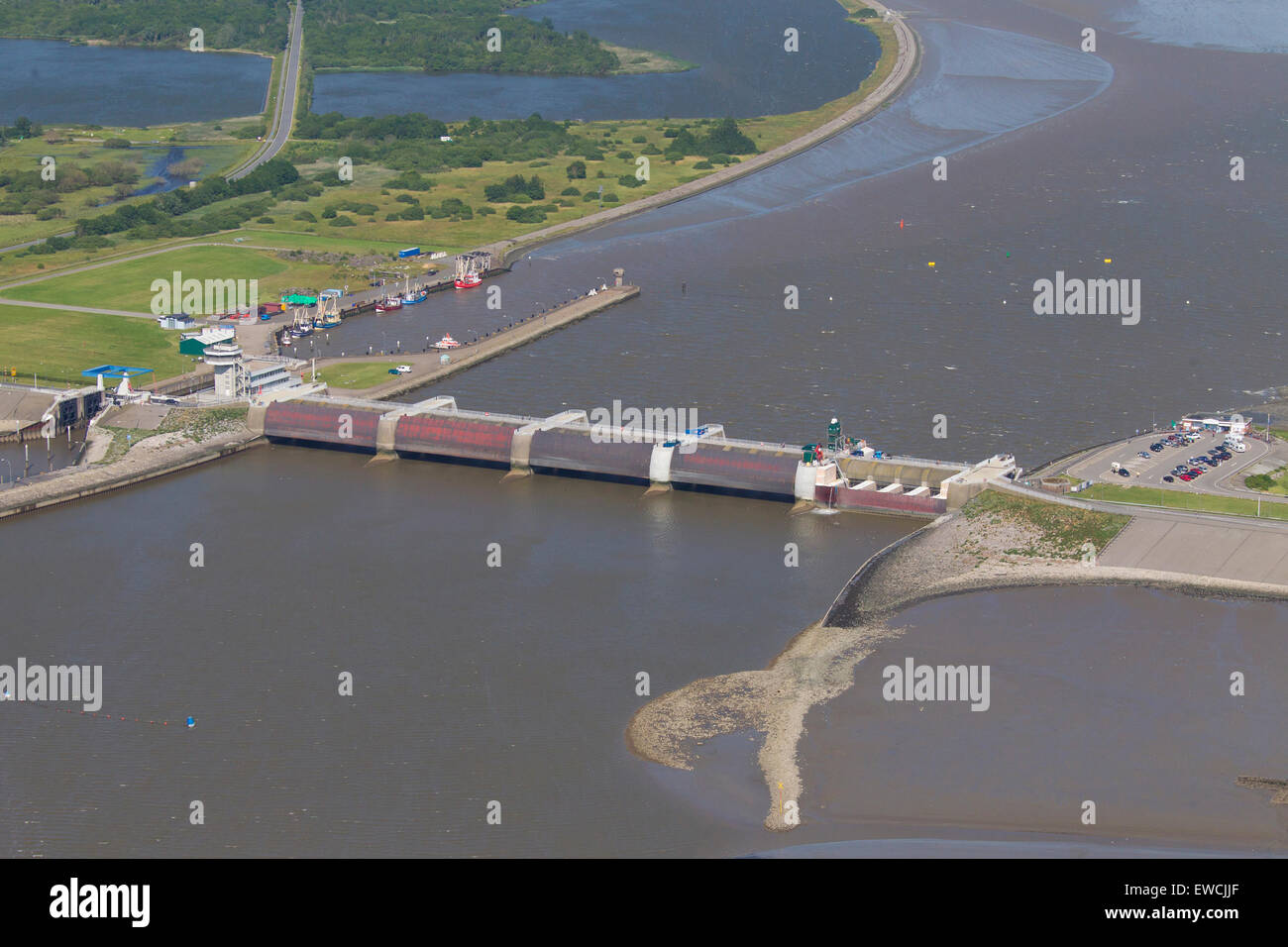 Vista aerea di Eider presso la foce del fiume Eider, vicino Toenning, Schleswig-Holstein, Germania Foto Stock