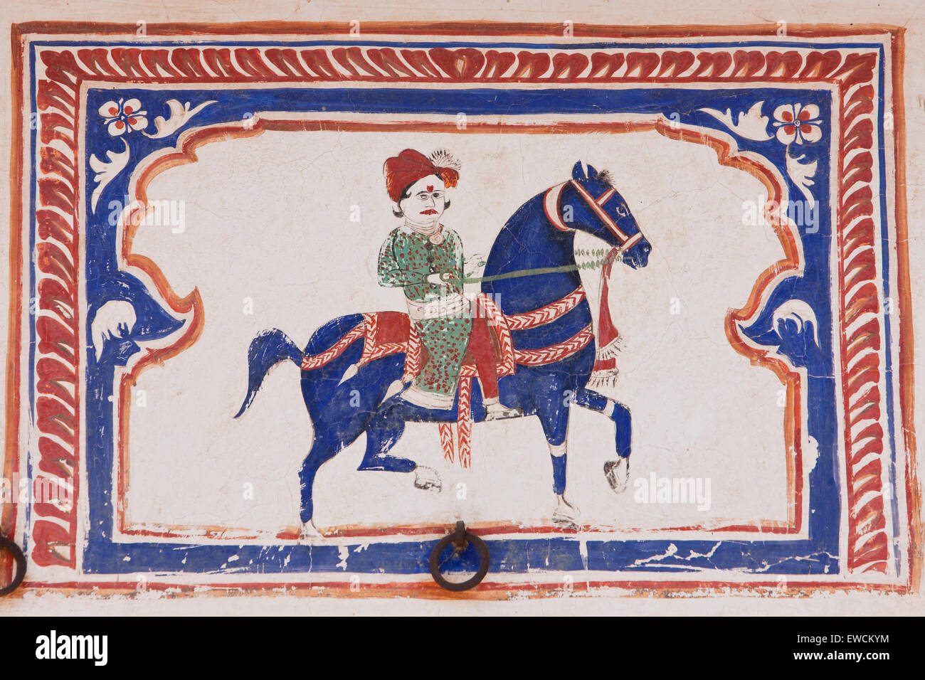 Rajput nobili a cavallo. Affresco in una residenza privata (Haveli), Nawalgarh, Rajasthan, Indien Foto Stock