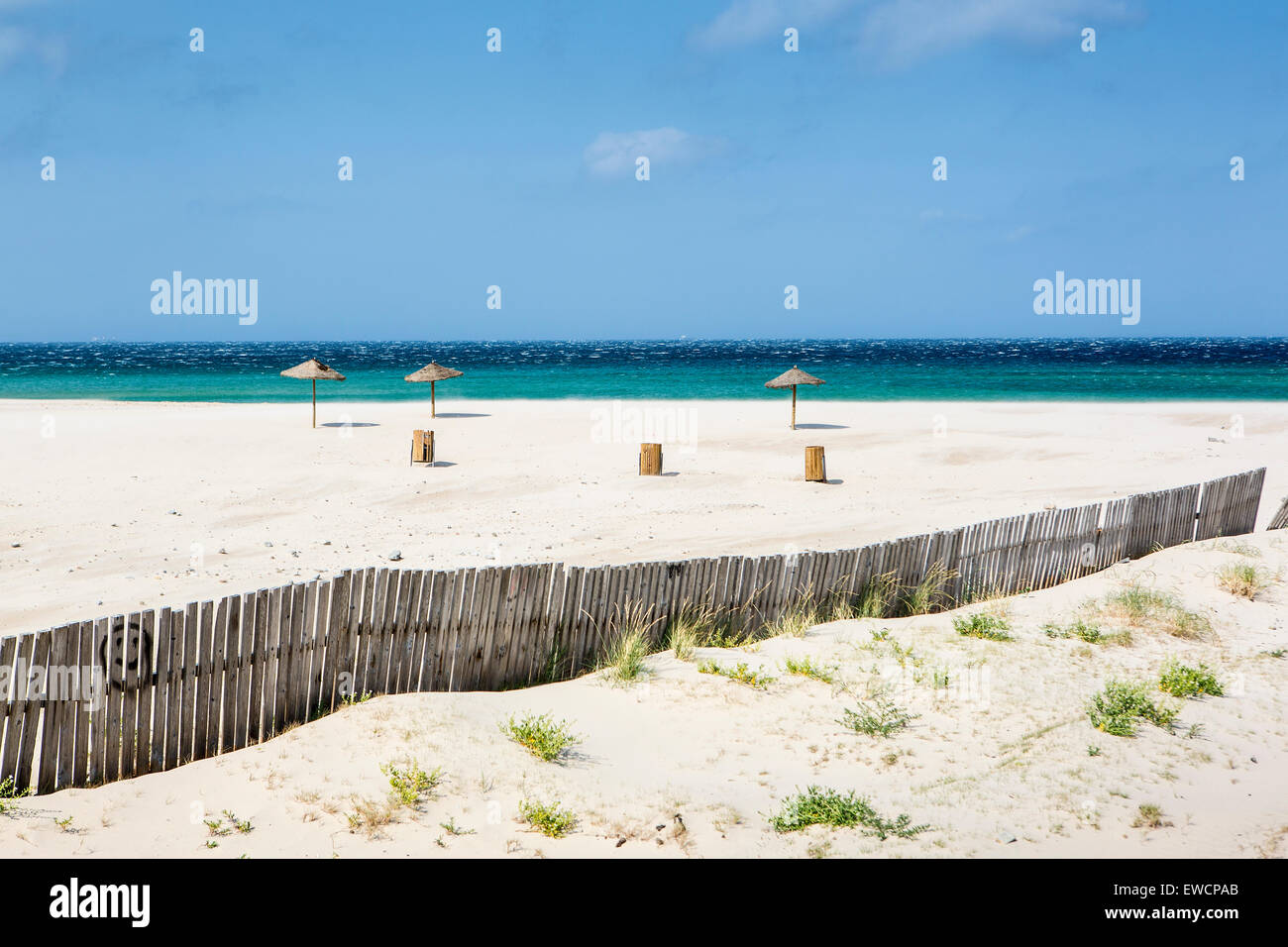 Alcuni ombrelloni nella sabbia sulla spiaggia Foto Stock