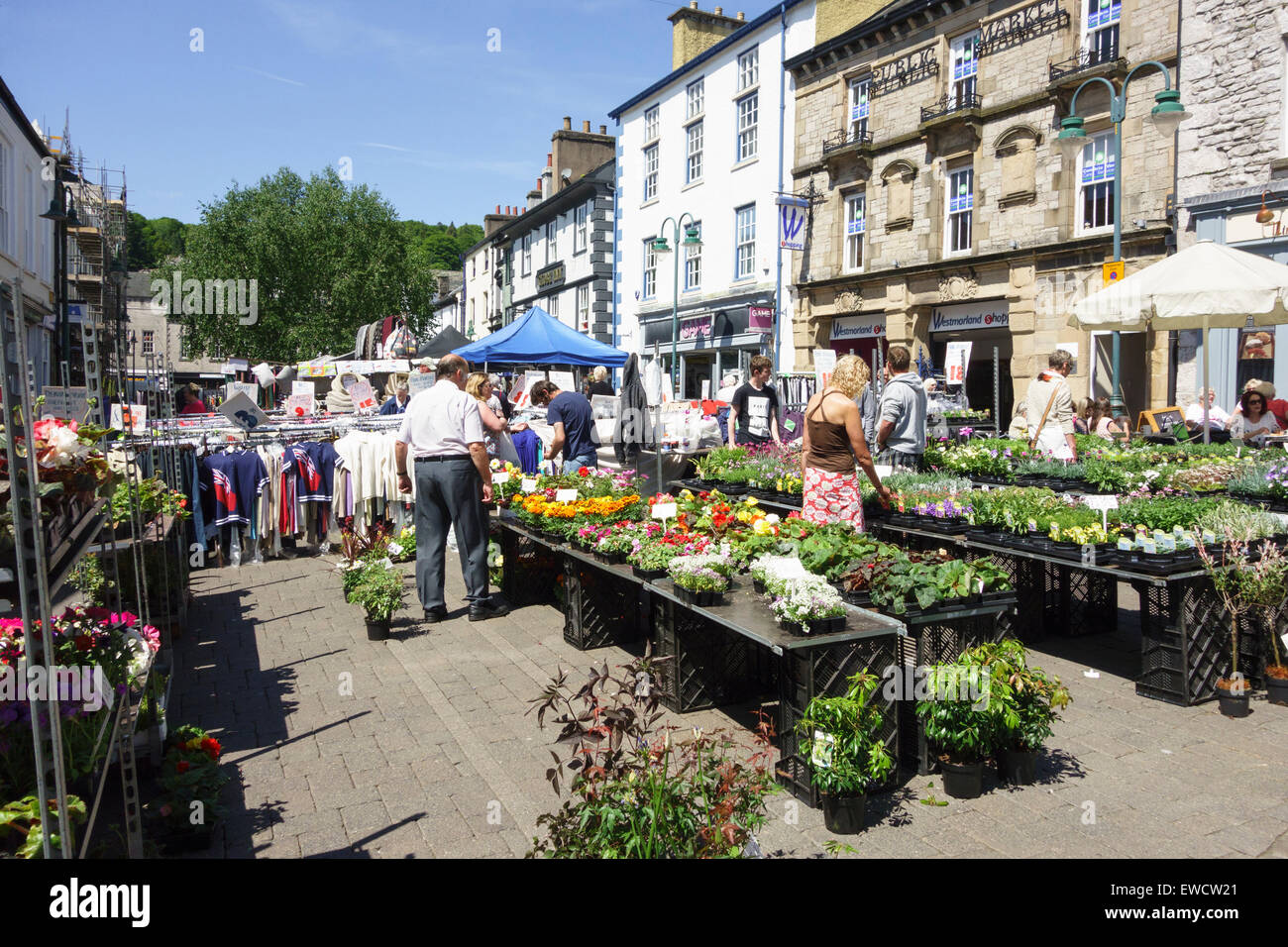 Shoppers sfoglia le merci in offerta a Kendal mercato all'aperto, South Lakeland, Cumbria, Inghilterra Foto Stock