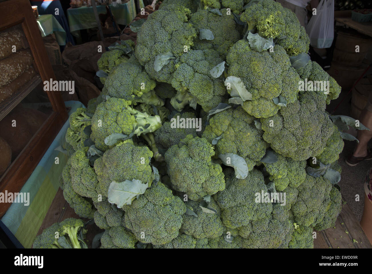 Broccoli freschi per la vendita presso il Mercato degli Agricoltori a Park Slope, Brooklyn, New York. Foto Stock