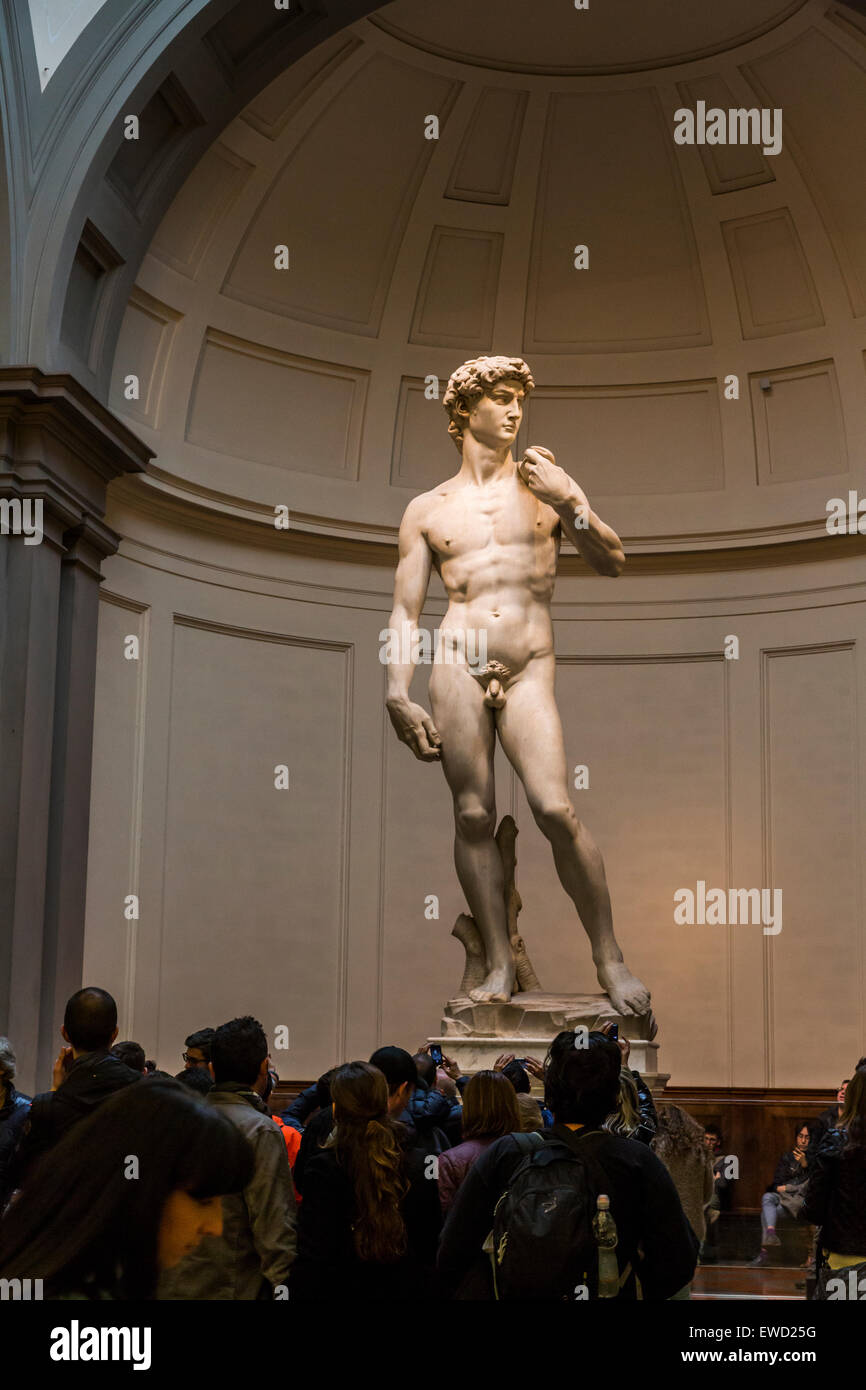 I turisti fotografare la statua del David di Michelangelo, Galleria dell'Accademia, Firenze, Italia Foto Stock
