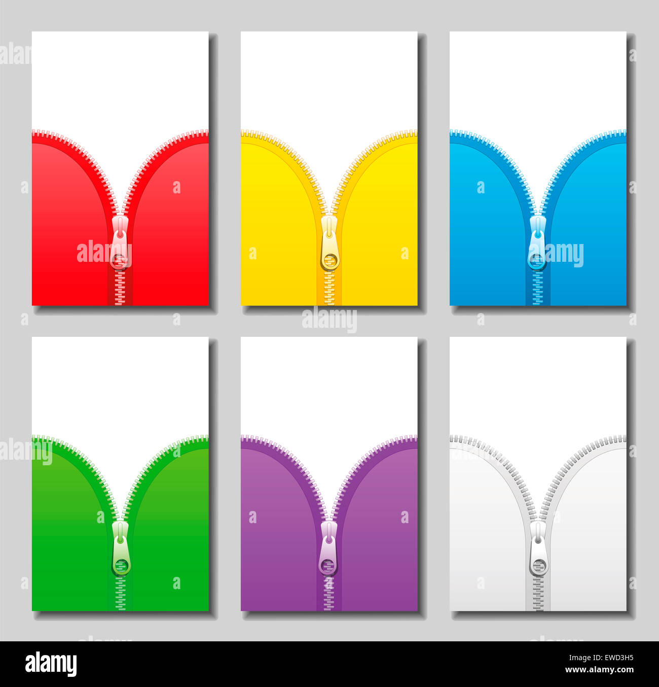Cerniere lampo in sei diversi colori. Foto Stock