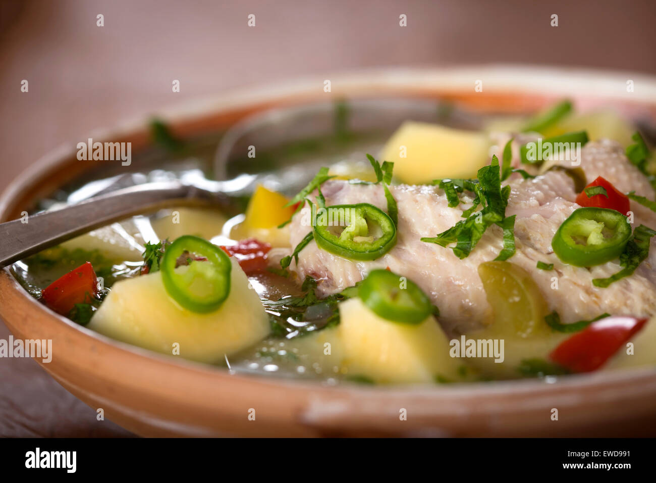 In prossimità di alcuni ciotola di zuppa di pollo con verdure e peperoncino piccante Foto Stock