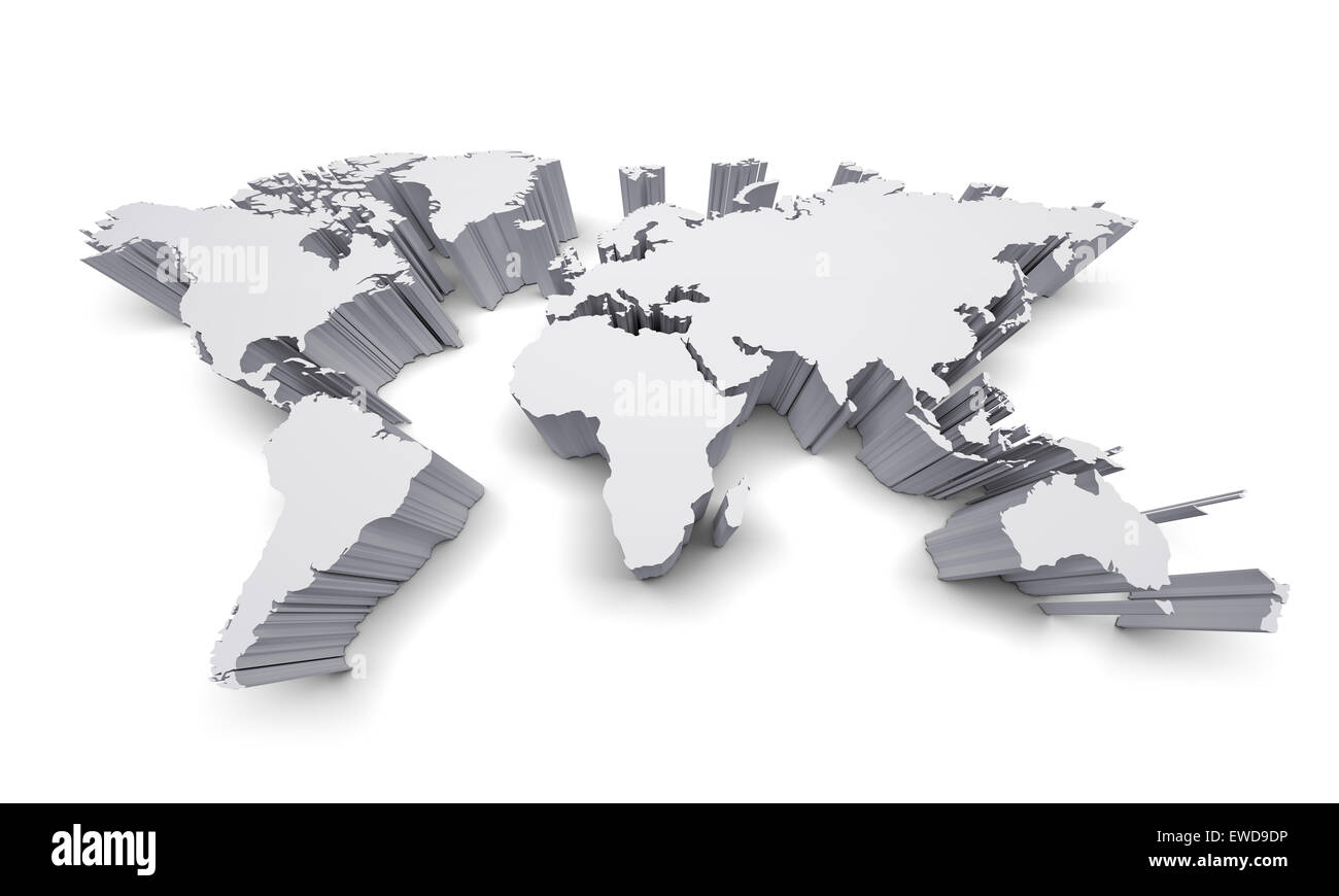 Mappa del mondo vuota con bordi rialzati isolato su bianco Foto Stock
