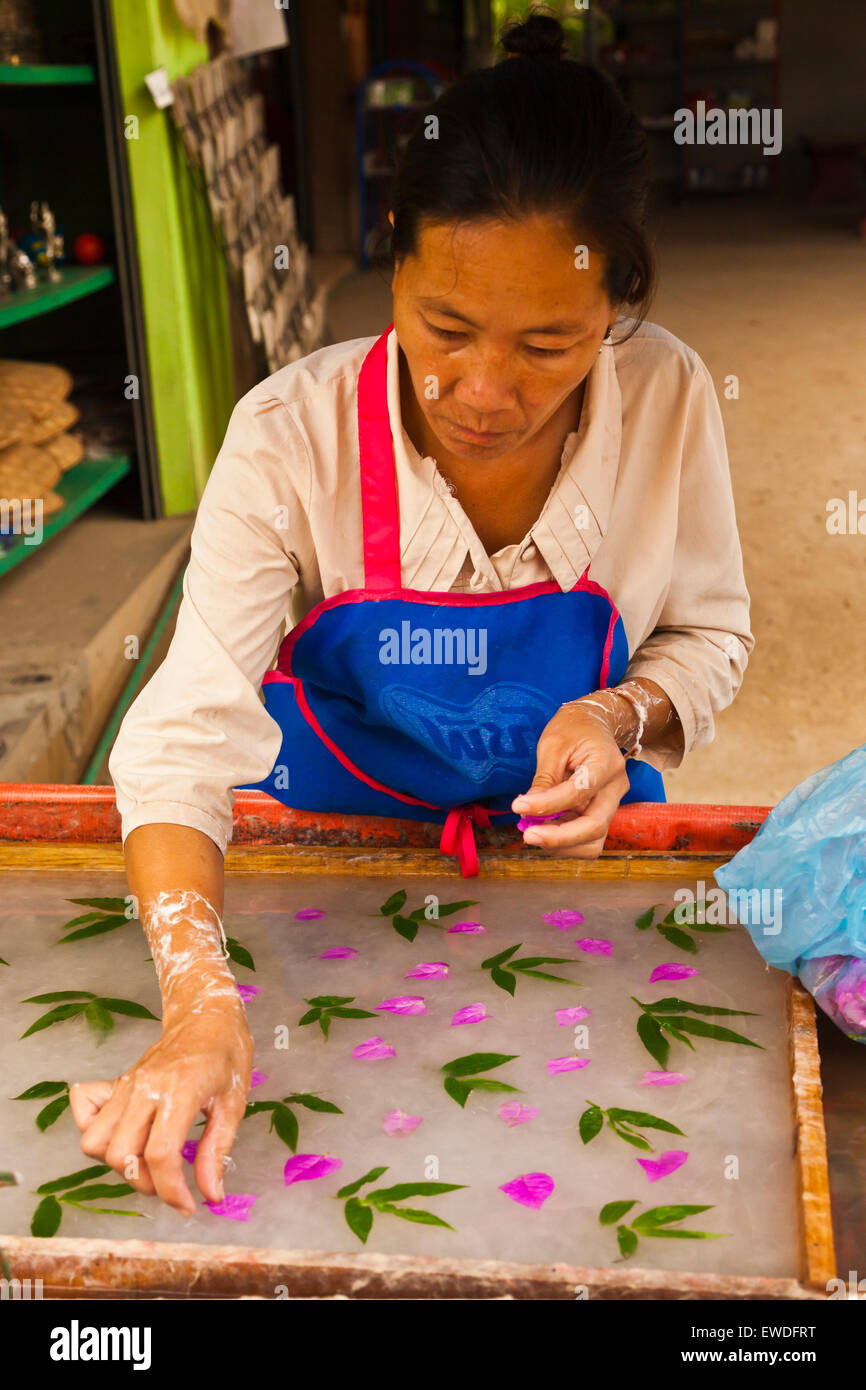 Il laotiano donna fare carta A MANO - DIVIETO XANGKHONG, LAOS ˆ Foto Stock