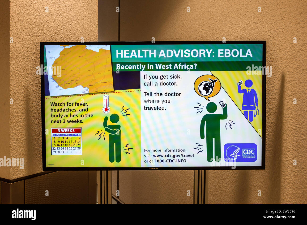 Miami Florida,International Airport,mia,sign,information,Health advisory,Ebola,CDC,Centers for Disease Control & Prevention,FL150324001 Foto Stock