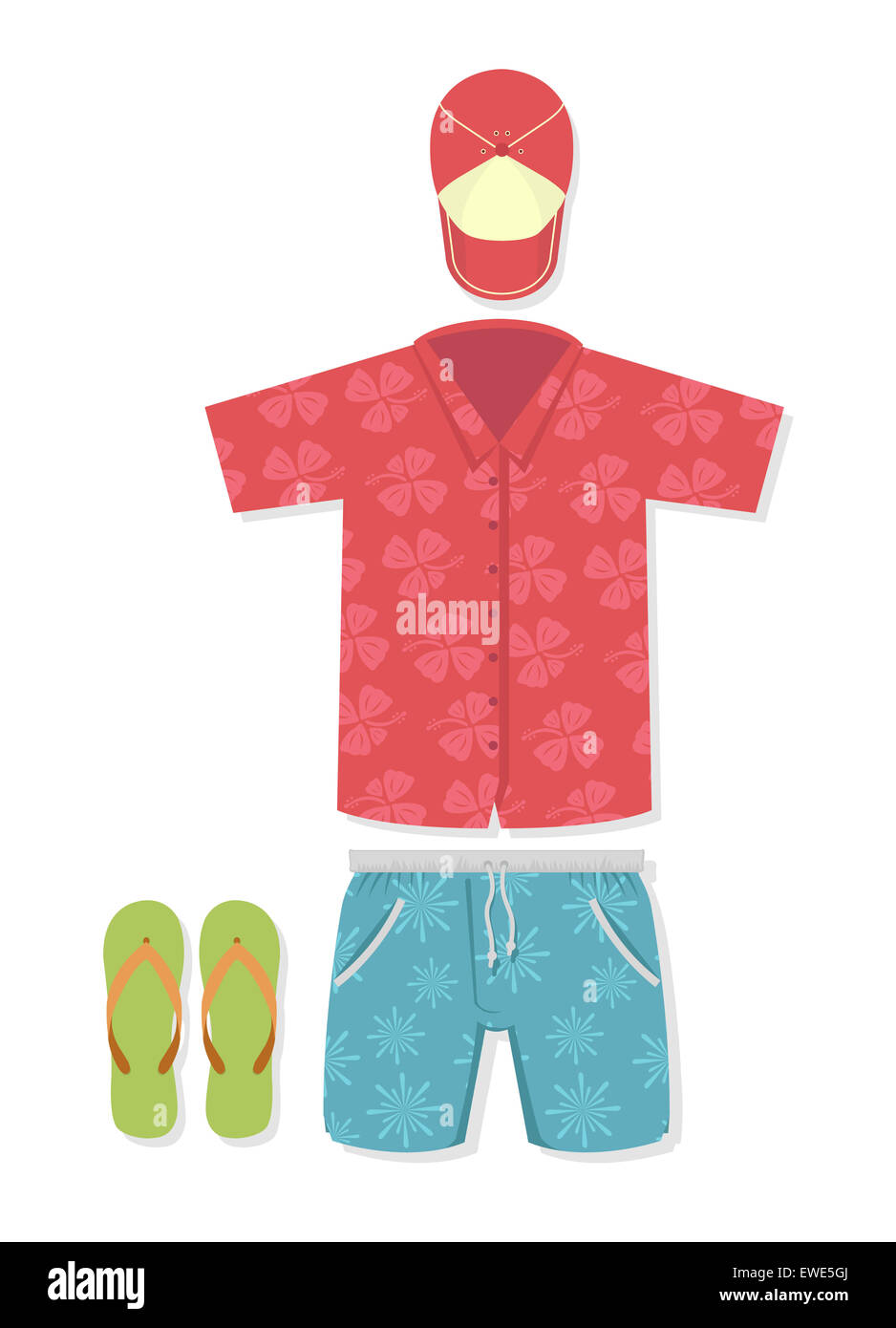 Illustrazione Vettoriale di turista outfit per vacanza, t-shirt, felpe, flip-flop Foto Stock