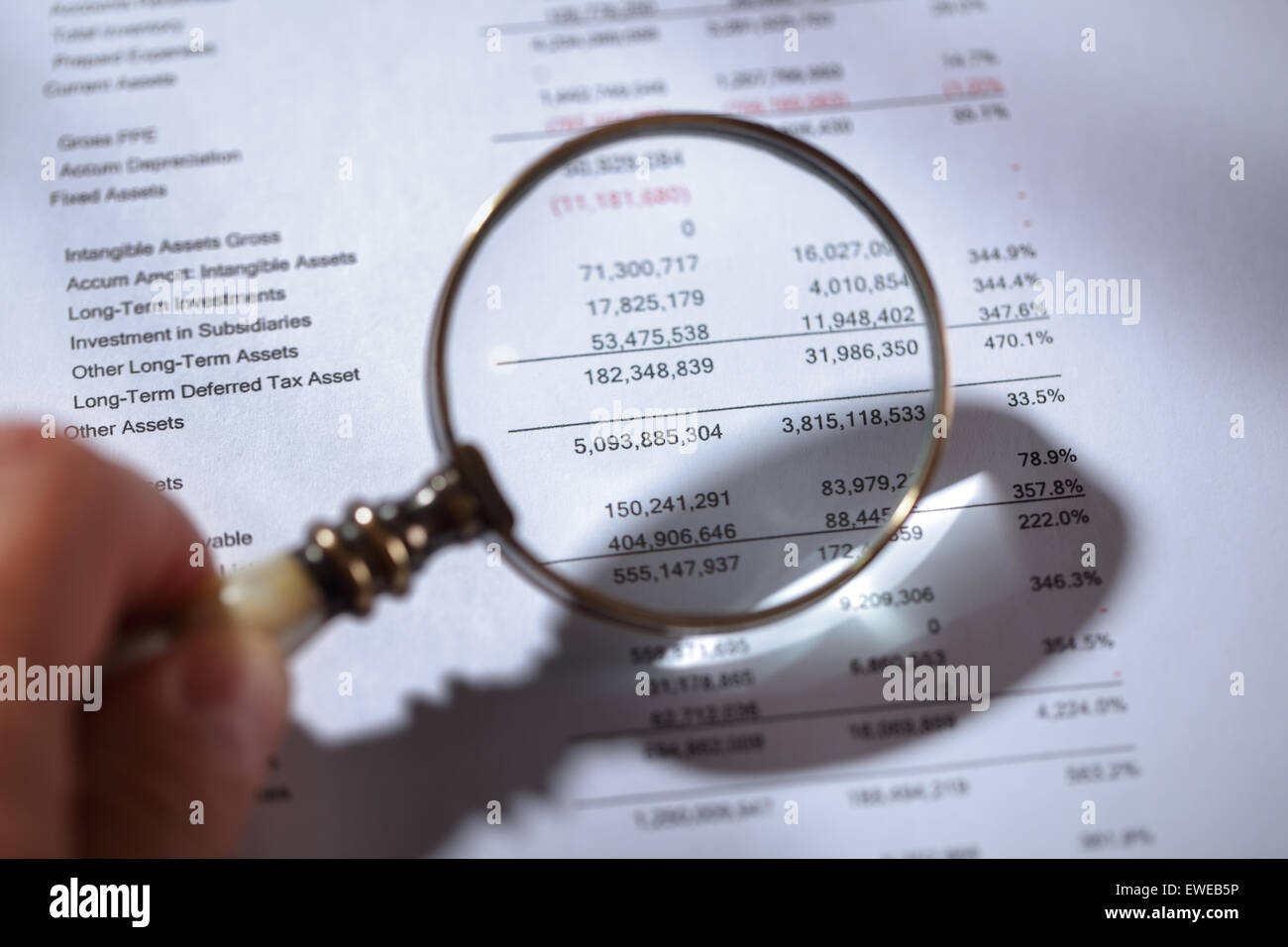 Imprenditore in possesso di una lente di ingrandimento su una relazione finanziaria nozione delle finanze, bilancio, fiscale o contabile Foto Stock
