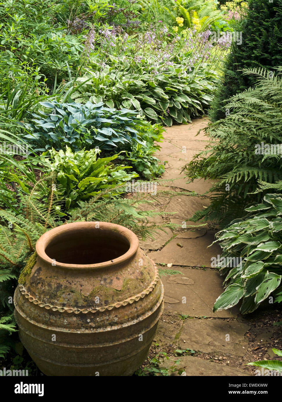 Percorso del giardino con le frontiere e urna in terracotta, Coton Manor Gardens, Coton, Northamptonshire, Inghilterra, Regno Unito. Foto Stock