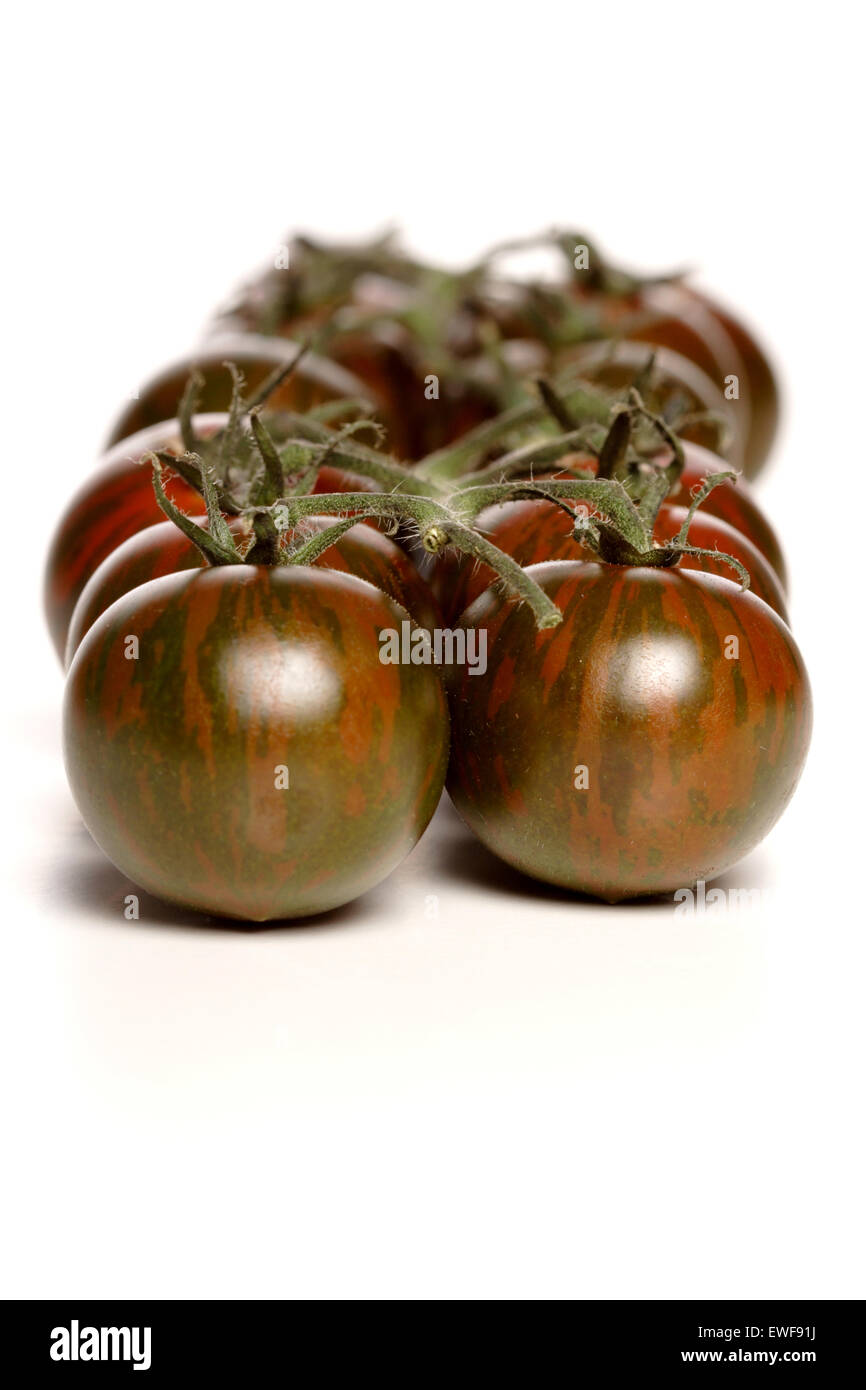 Nero pomodori ciliegia su sfondo bianco Foto Stock
