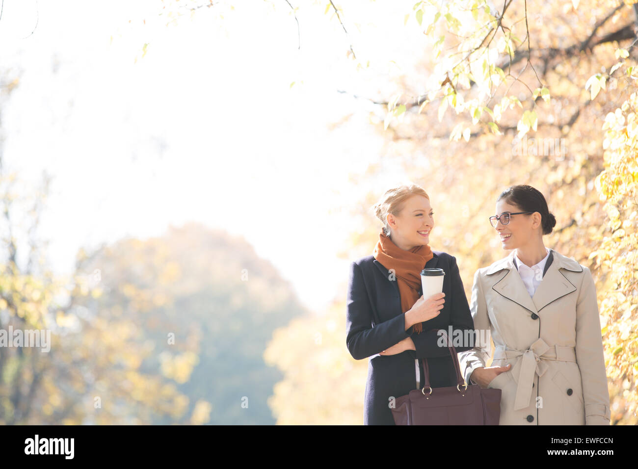 Felice imprenditrici a conversare mentre passeggiate al parco sulla giornata di sole Foto Stock
