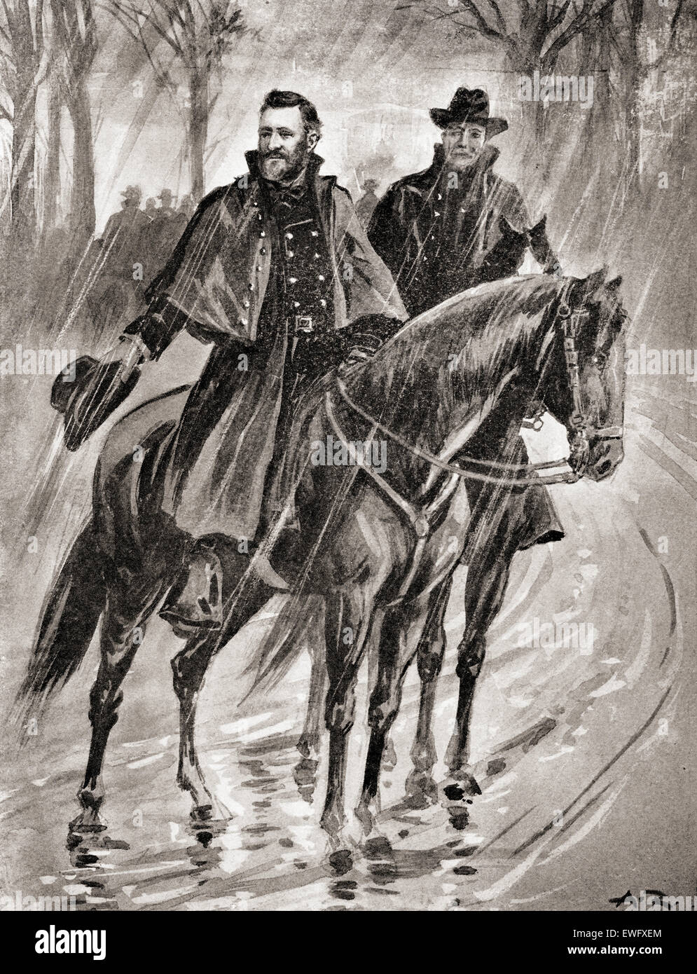 Sovvenzione generale reconnoitering sotto la pioggia a Belmont, Missouri, prima della battaglia nel 1861. Ulisse S. Grant, 1822 - 1885. Comandante Generale nell'esercito dell'Unione durante la Guerra Civile americana e diciottesimo presidente degli Stati Uniti. Foto Stock