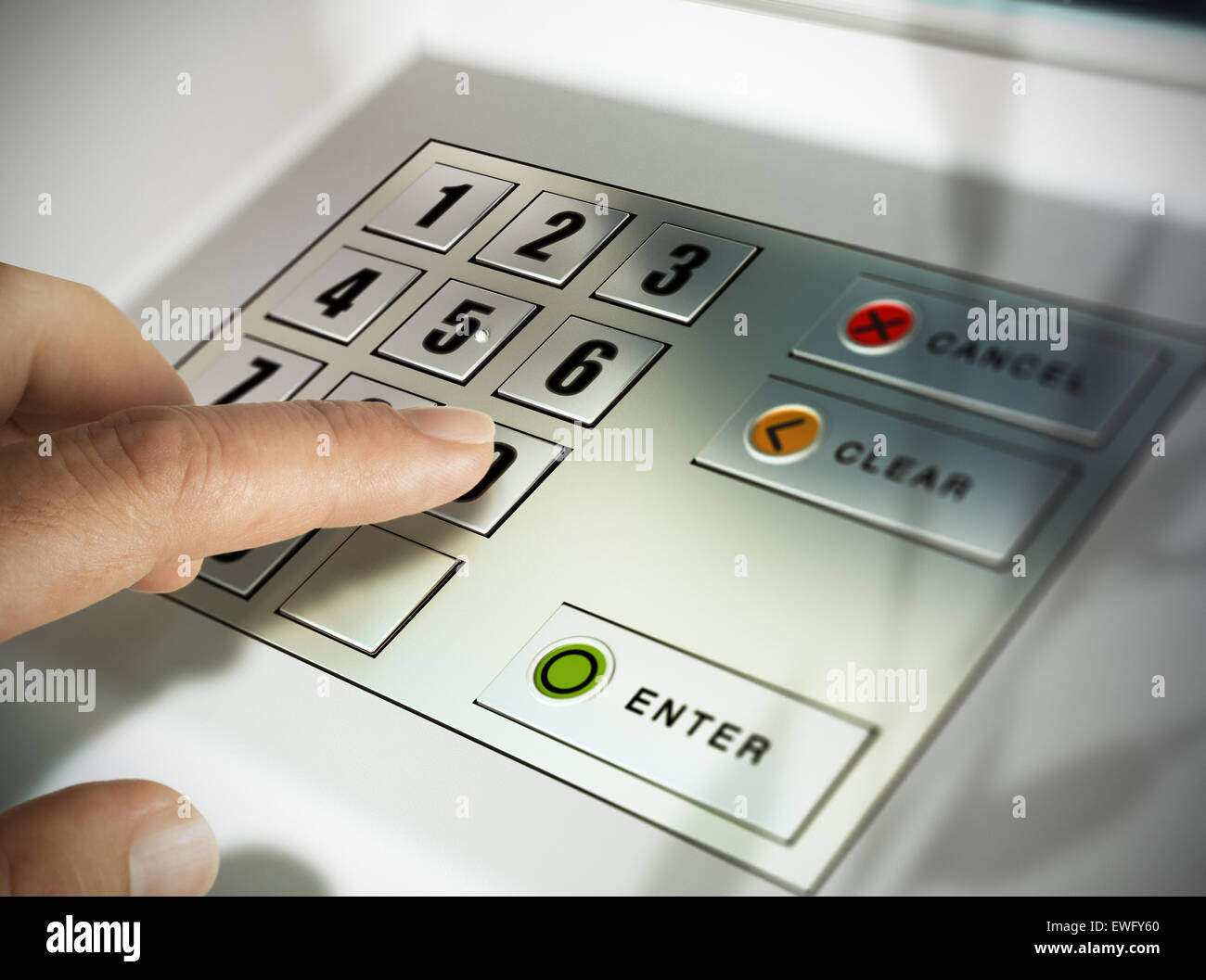 Circa il dito per premere un codice pin su un pad. Codice di sicurezza di un Automated Teller Machine, ATM Foto Stock