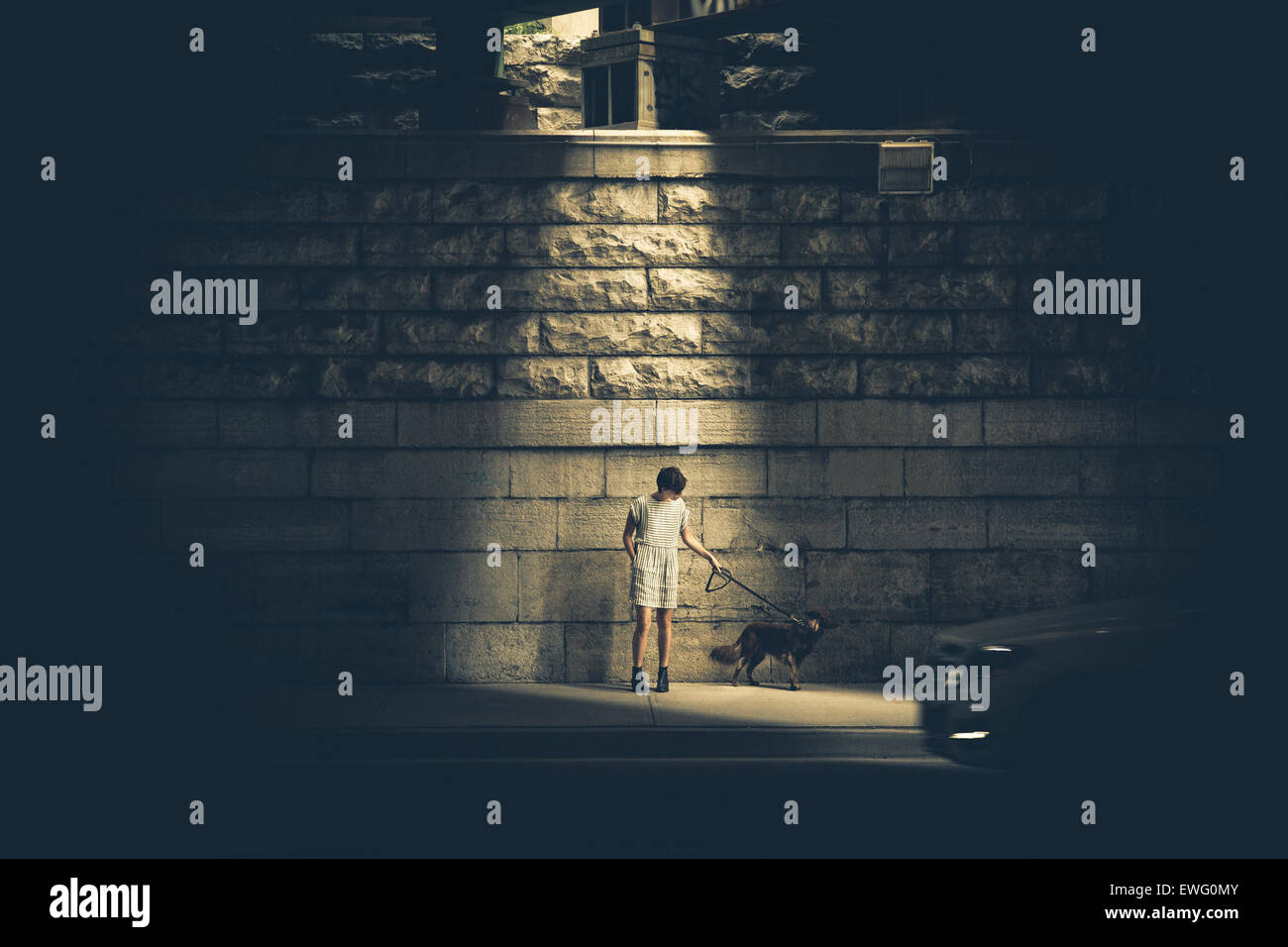 Una donna con un vestito a righe porta il suo cane lungo un sentiero. L'immagine cattura un momento casual all'aperto, concentrandosi sulla donna e sul suo animale domestico in un ambiente naturale e di tutti i giorni. Foto Stock