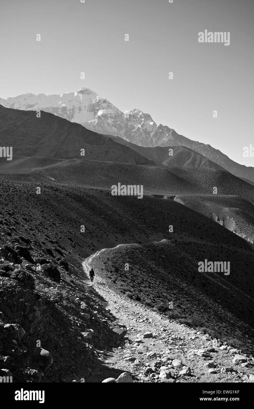 Persona che cammina sul sentiero di ghiaia in Nepal Foto Stock