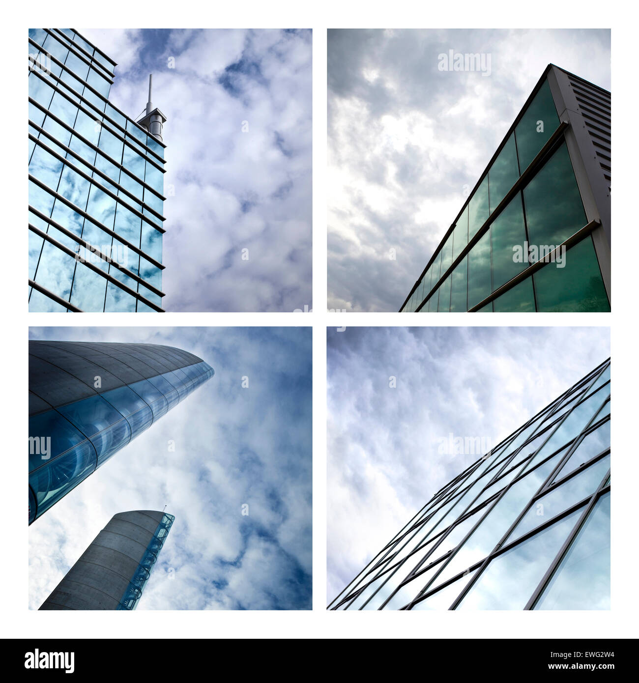 Edifici moderni e cieli nuvolosi su un collage Foto Stock