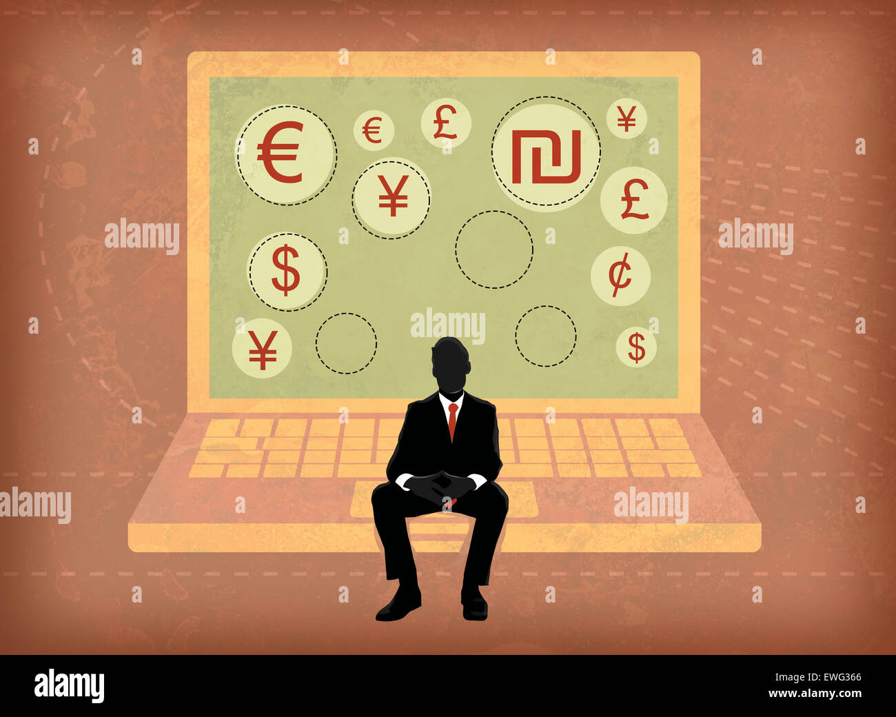 Imprenditore seduto su uno schermo del notebook che mostra global simboli di valuta Foto Stock