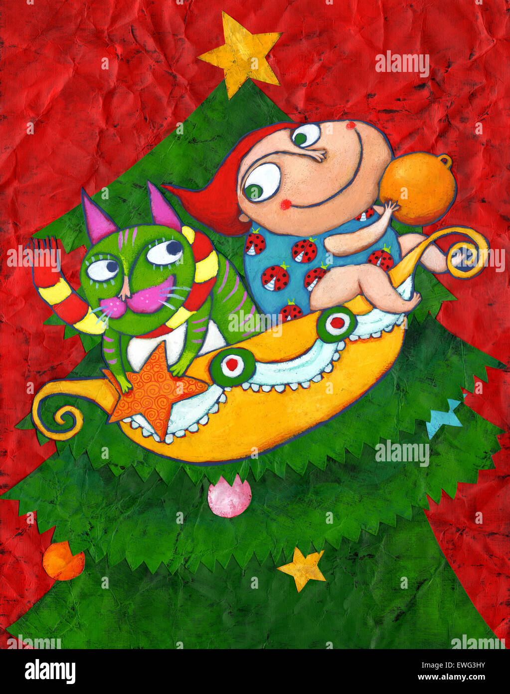 Rappresentazione illustrativa di boy divertirsi sulla sommità dell albero di Natale Foto Stock