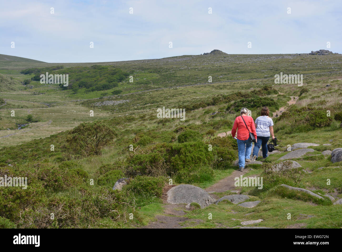 Due donne di camminare sulla via verso wistman il legno da due ponti, parco nazionale di Dartmoor, Devon, Inghilterra Foto Stock