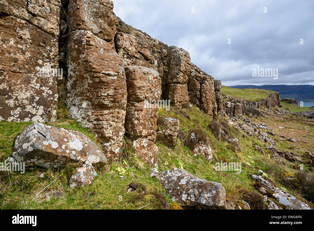 Colonne di basalto, formazione di roccia, scogliere sull isola di Ulva, Ebridi, Argyll and Bute, Scozia Foto Stock