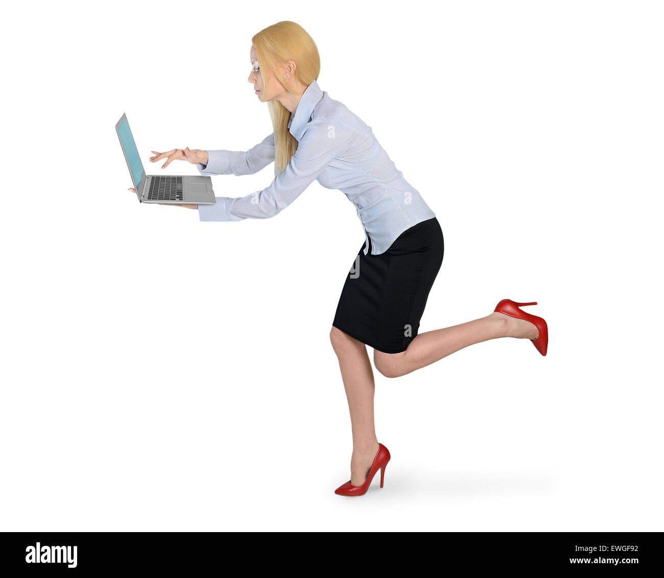 Isolato business donna eseguire con il computer portatile Foto Stock