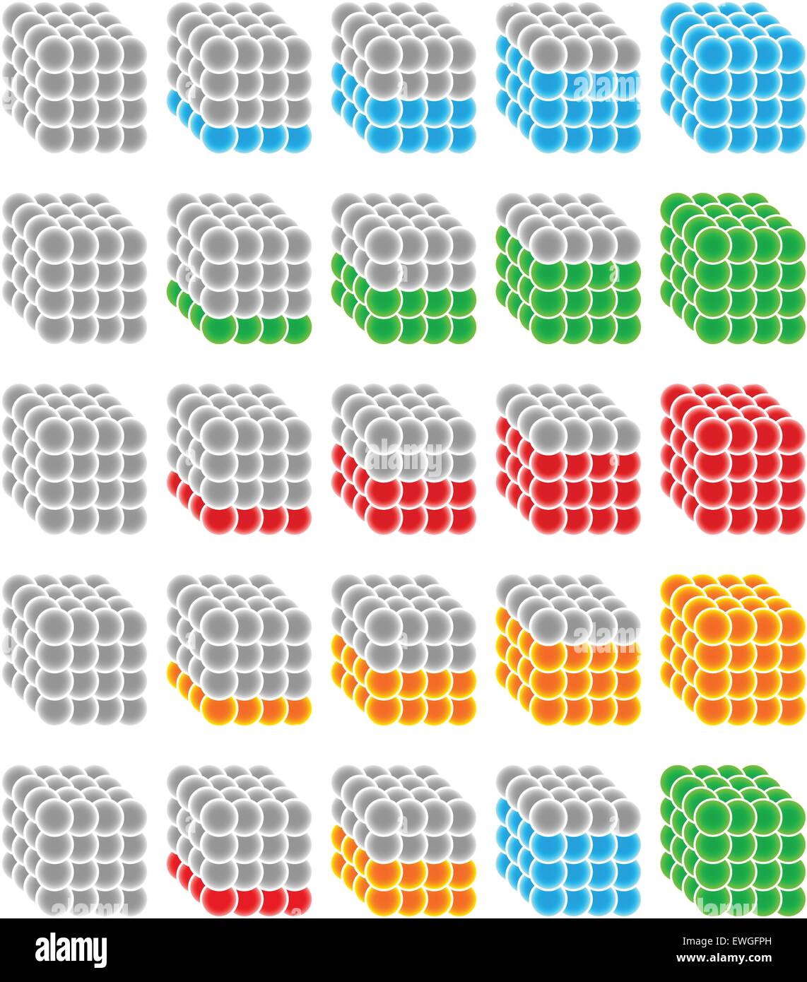 Cubi realizzati da sfere come progresso o indicatori di livello. Passi, fasi, stadi, progresso, la progressione. Illustrazione Vettoriale