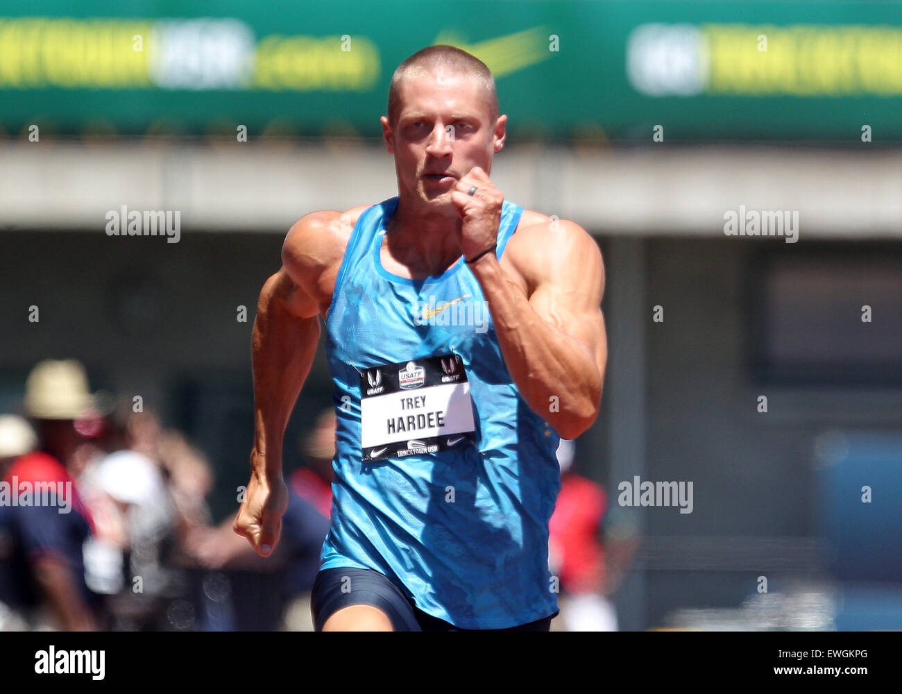 Giugno 25, 2015: Trey Hardee compete nel Decathlon 100 metro dash al 2015 USATF Track & Field Championships nello storico campo Hayward, Eugene, o. Larry C. Lawson/CalSportMedia Foto Stock