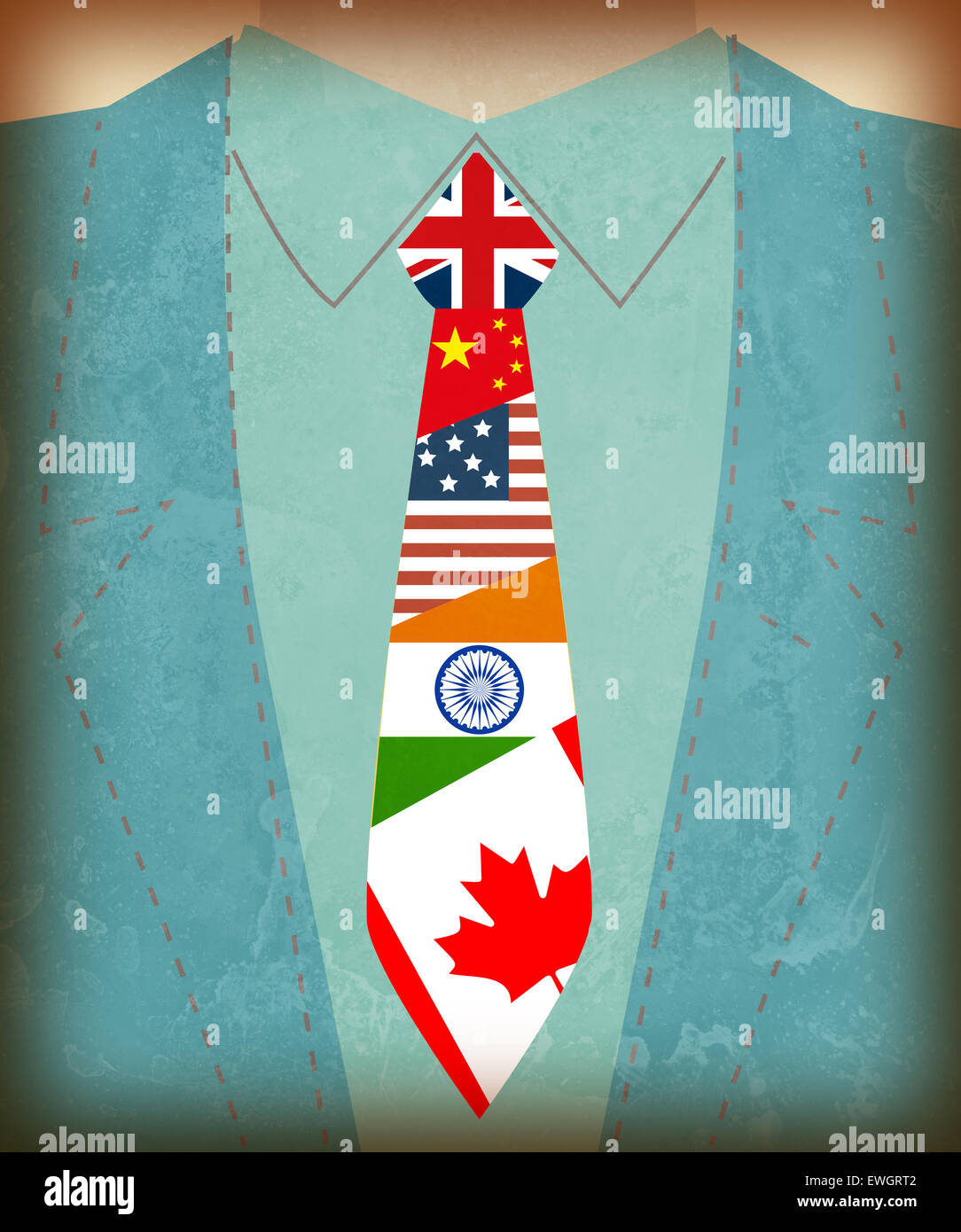 Sezione mediana vista dell uomo d affari internazionale con la bandiera i simboli sul tirante Foto Stock