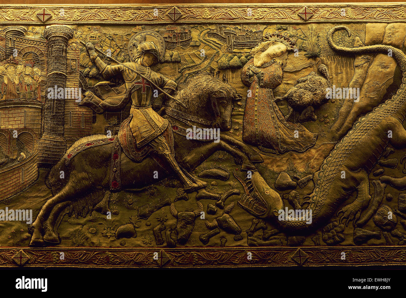 Paliotto di Antonio Sadurni. 1450. La leggenda di San Giorgio con la principessa e il drago. Cappella di San Giorgio. Palazzo della Generalitat. Barcellona. Spagna. Foto Stock