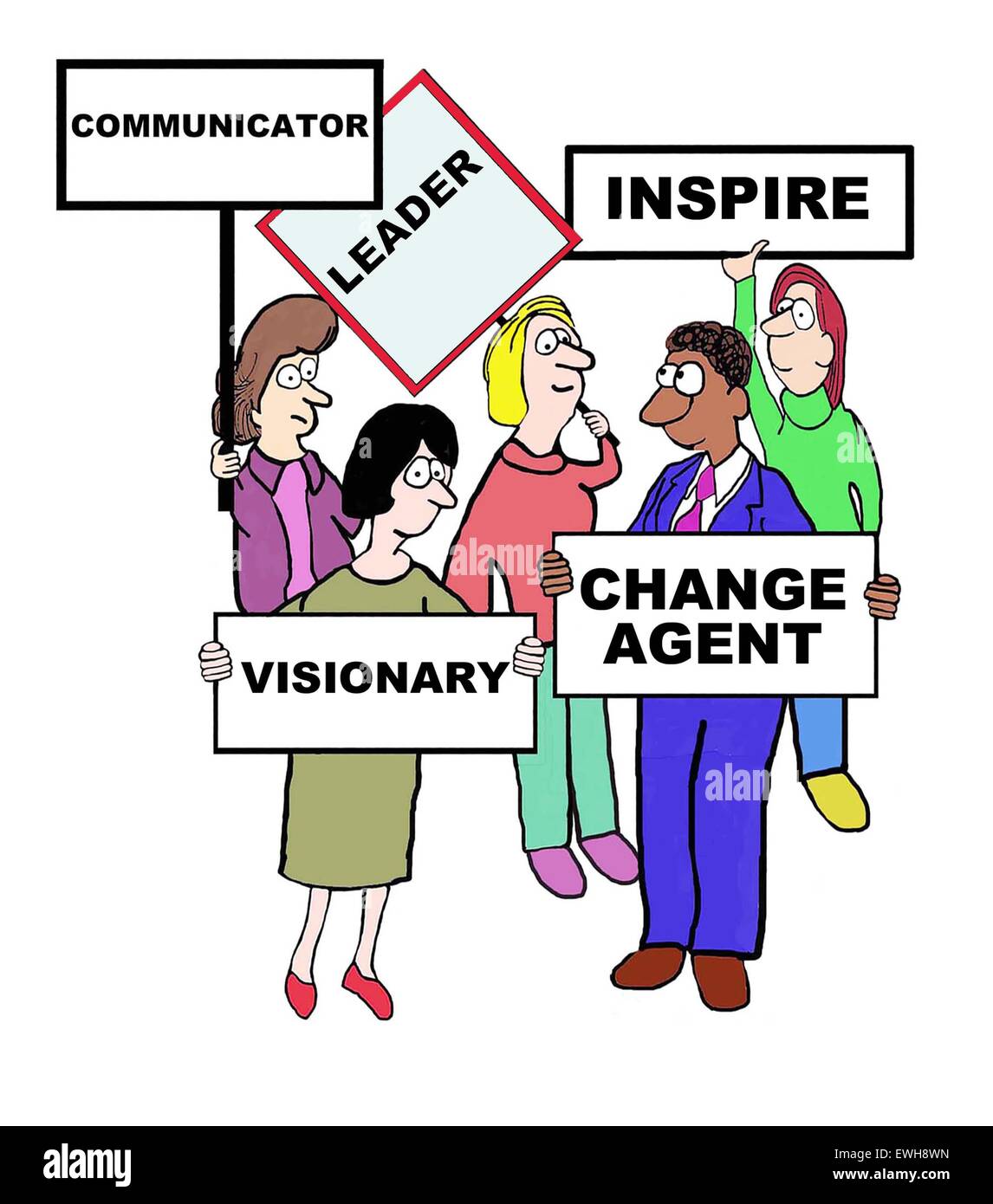 Business cartoon di persone segni di contenimento definente 'leader: communicator, ispirare, agente di cambiamento, visionario'. Foto Stock
