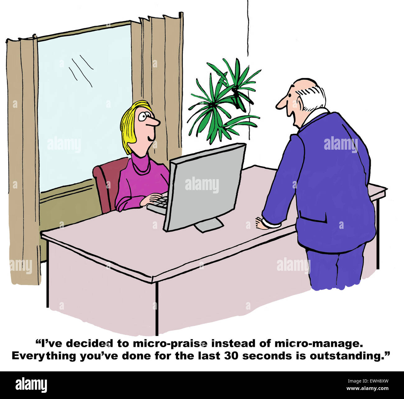 Business cartoon di boss dicendo a manager, "ho deciso di micro-lode invece di micro-gestire.... eccezionale". Foto Stock