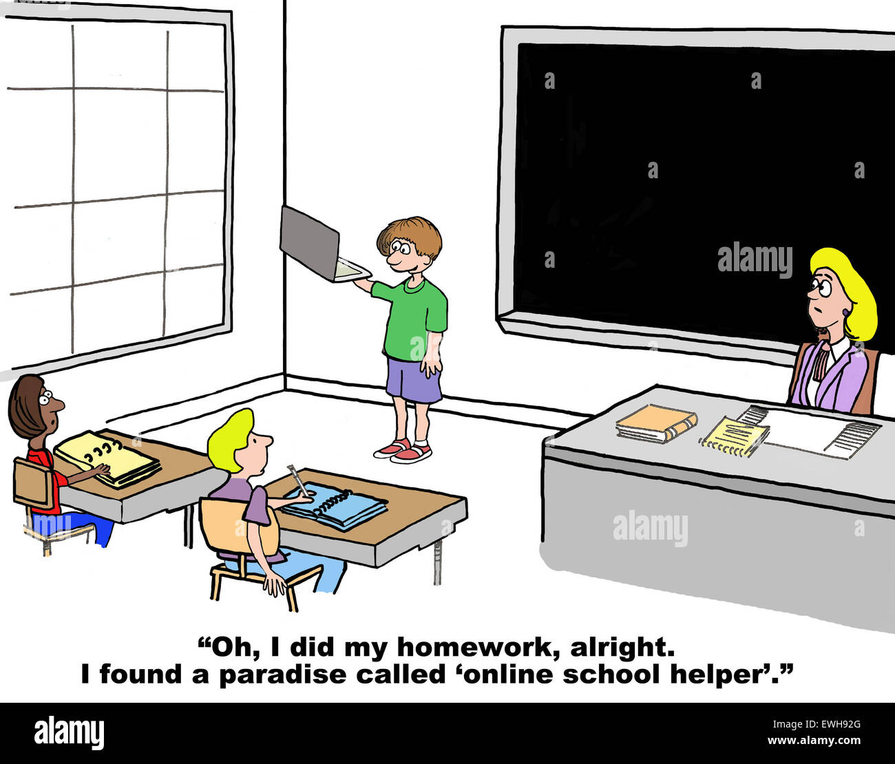 Istruzione cartoon di uno studente in possesso di un tablet e dicendo: "Ho fatto i miei compiti... un paradiso chiamato "scuola online helper''. Foto Stock