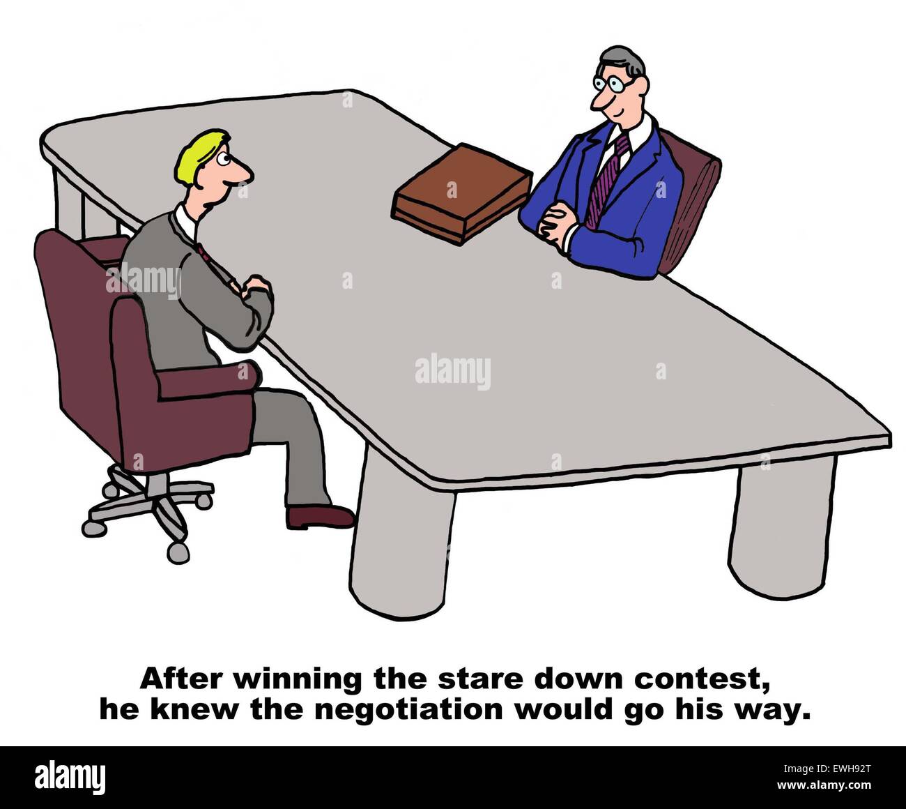 Business cartoon di due uomini in una tabella, "dopo wining stare giù contest, sapeva che la negoziazione possa andare per la sua strada". Foto Stock