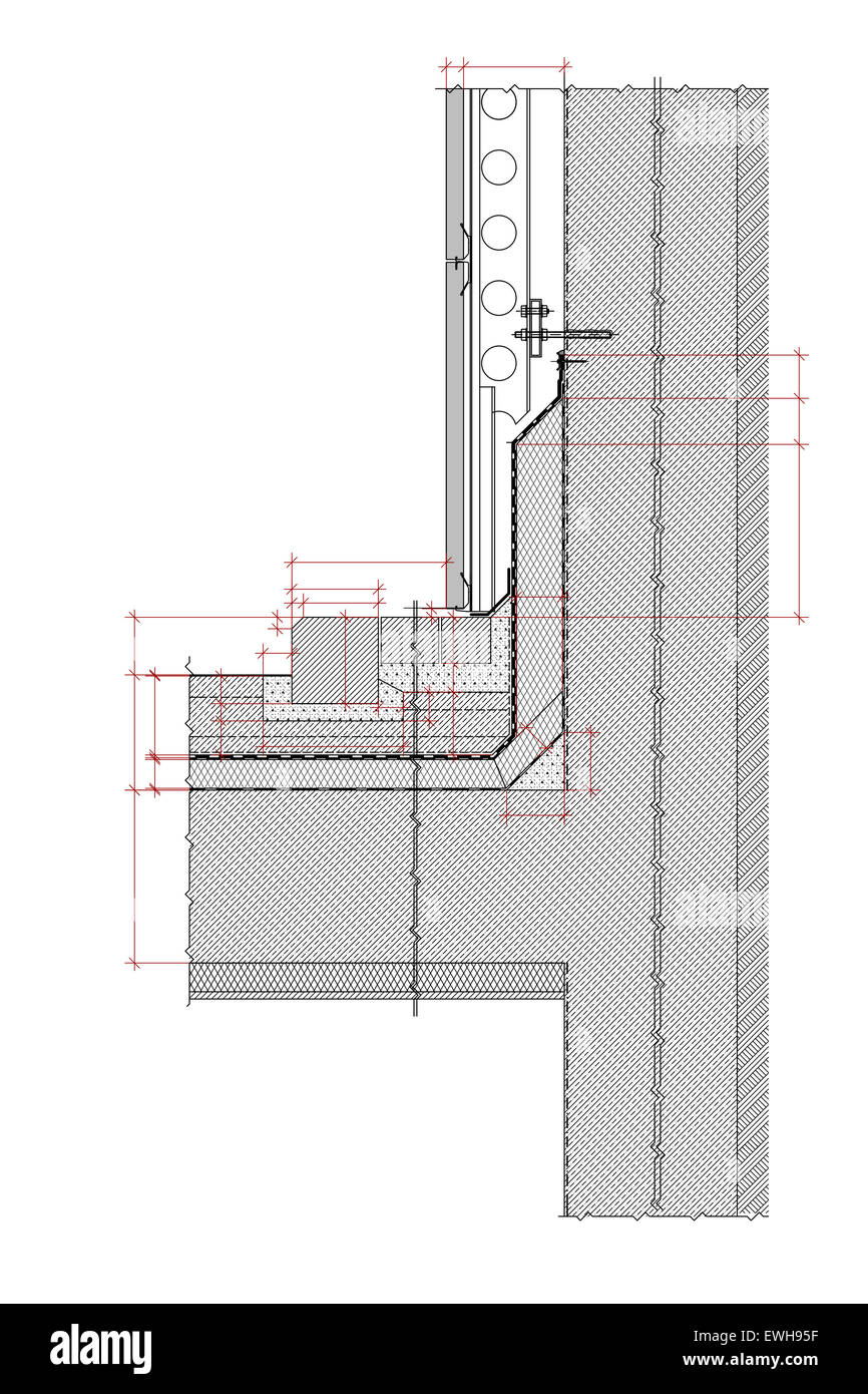 Architettura dettagliata sezione di una struttura di calcestruzzo con strati di rivestimento Foto Stock