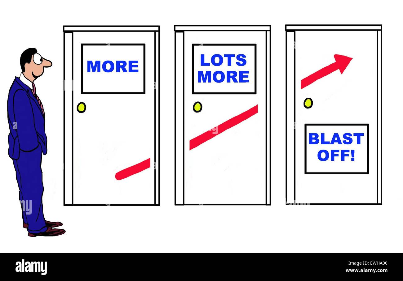 Business cartoon di imprenditore cercando di aumentare le vendite freccia rossa e le parole, "più, molto di più, blast off'. Foto Stock