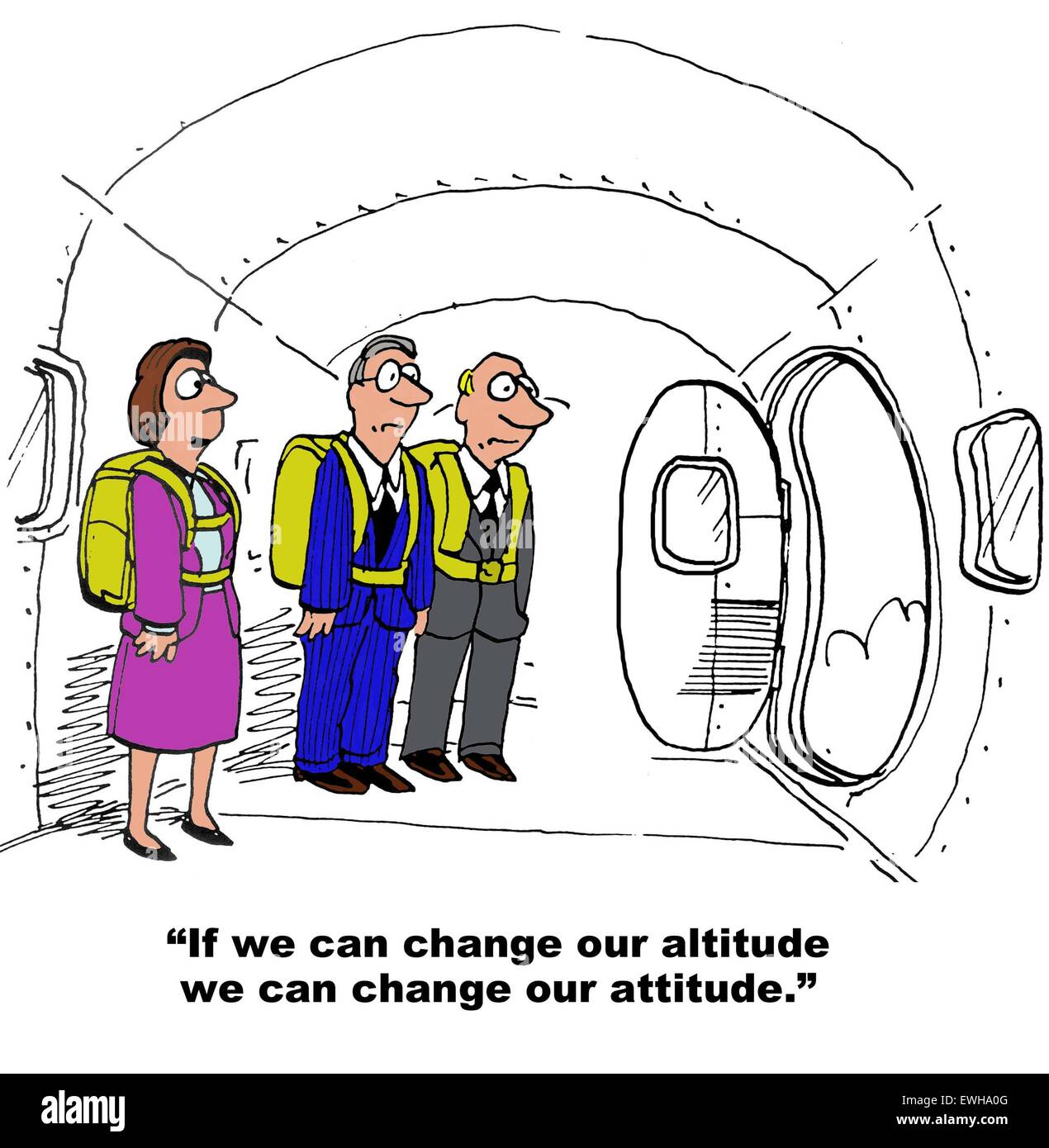 Business cartoon di persone che indossano un paracadute, imprenditrice dice, "se siamo in grado di cambiare la nostra altitudine possiamo cambiare il nostro atteggiamento". Foto Stock