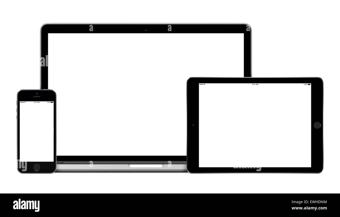 Mockup costituito da laptop, tablet pc in orientamento orizzontale e mobile smartphone con schermo vuoto. Foto Stock