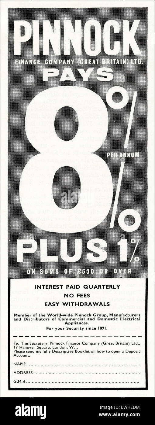 Anni sessanta annuncio 1962 circa magazine annuncio pubblicitario per Pinnock Finance Company Foto Stock